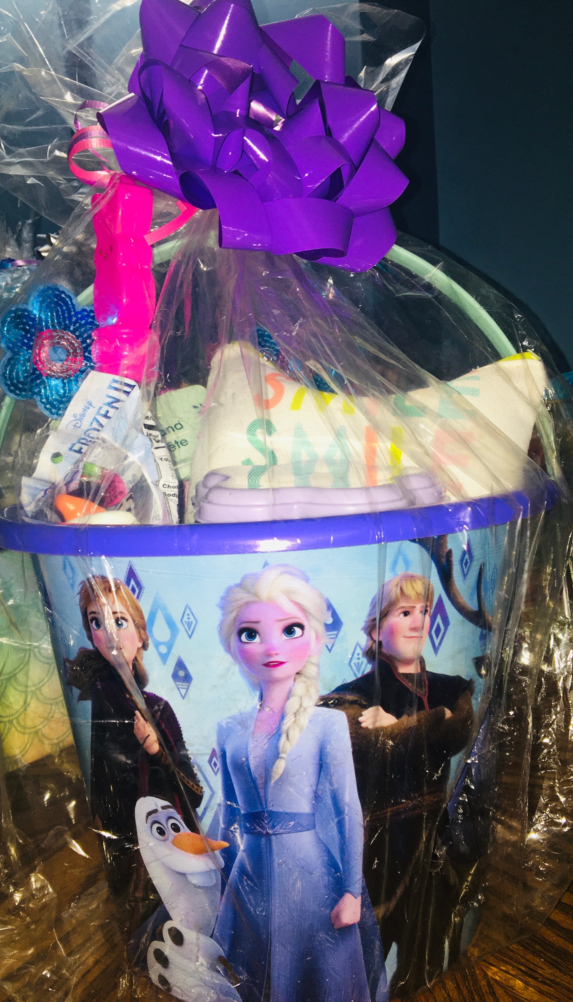 Customized girls gift basket with toys, treats and fun items for kids.