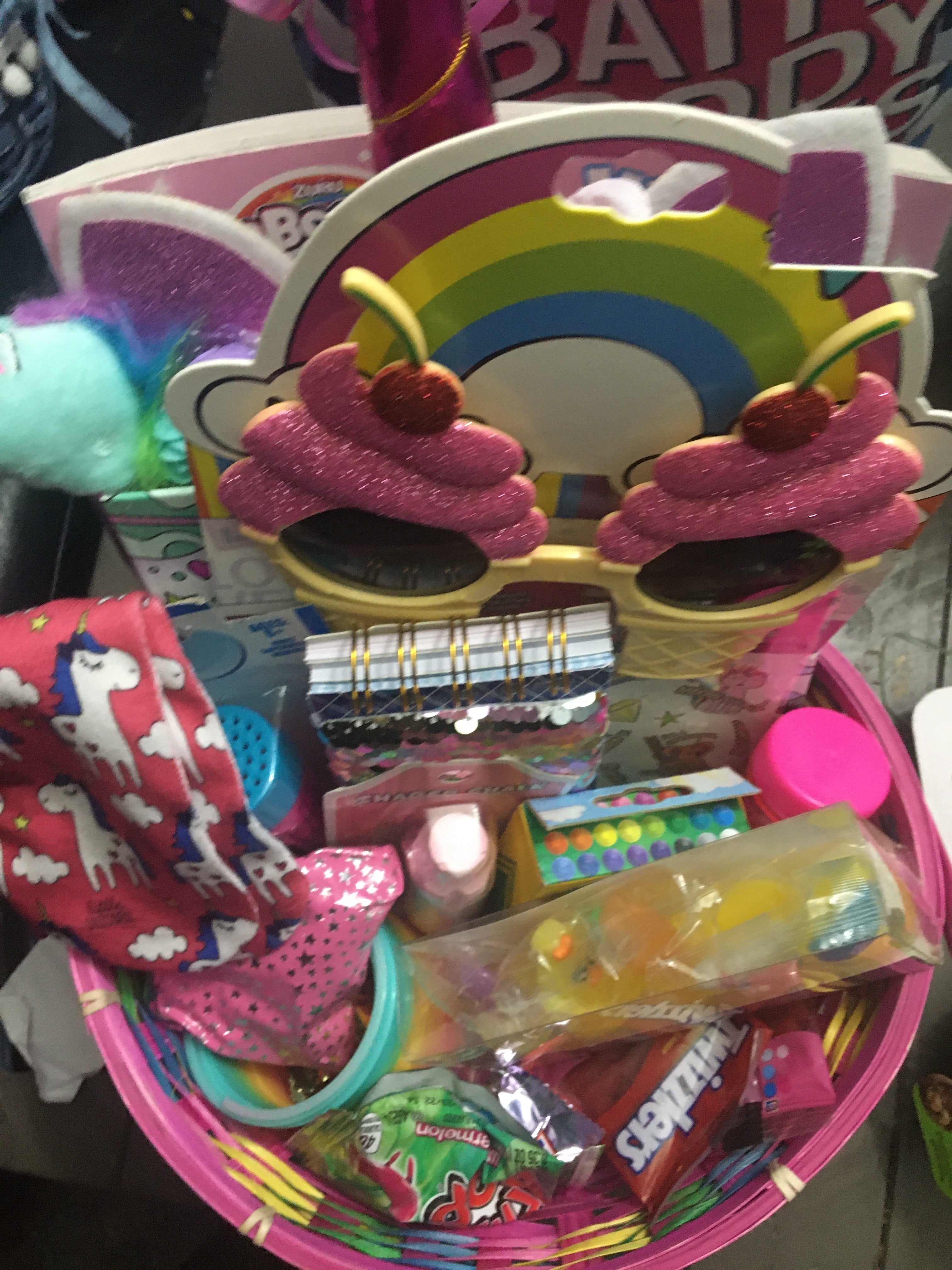 Customized girls gift basket with toys, treats and fun items for kids.