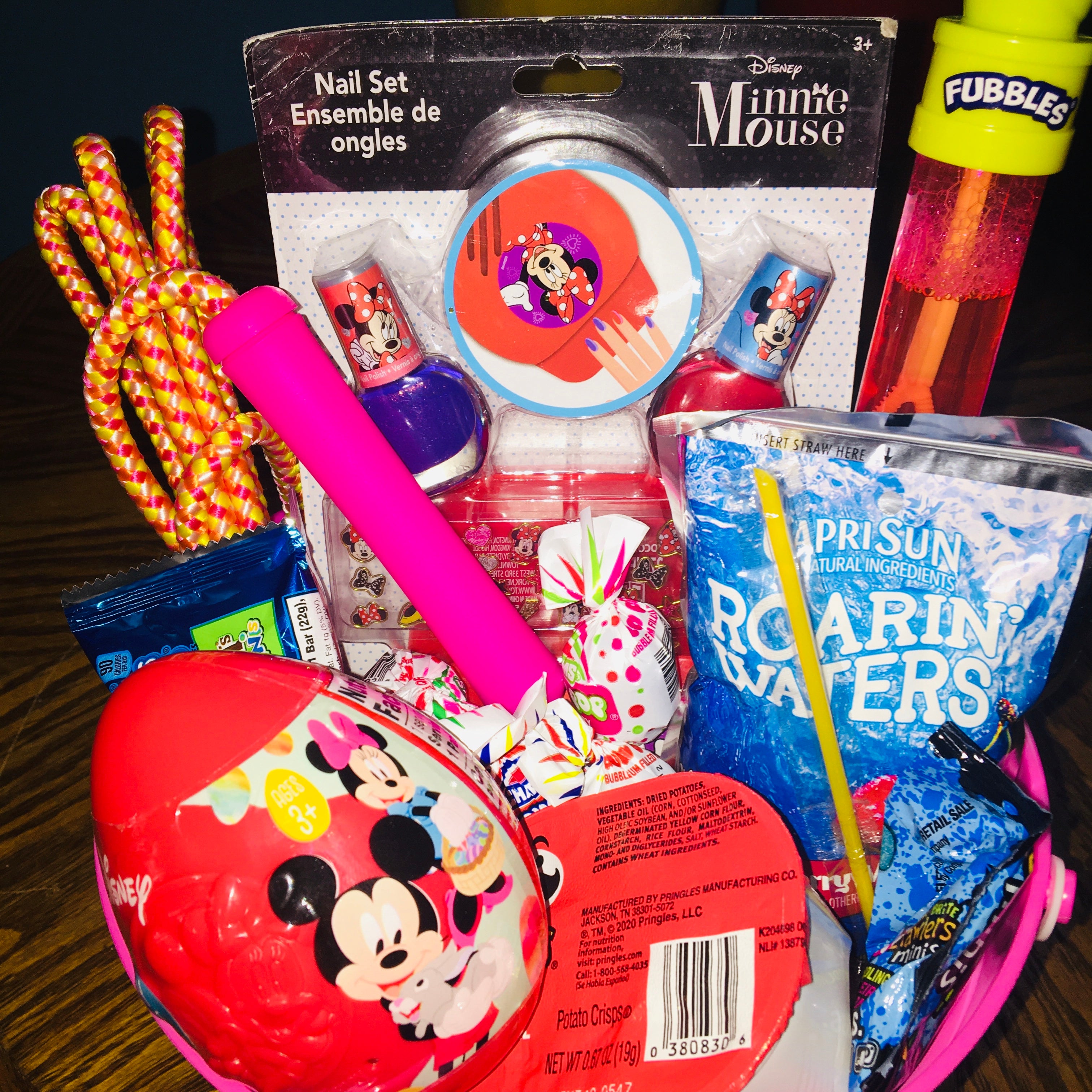 Customized girls gift basket with toys, treats and fun items for kids.