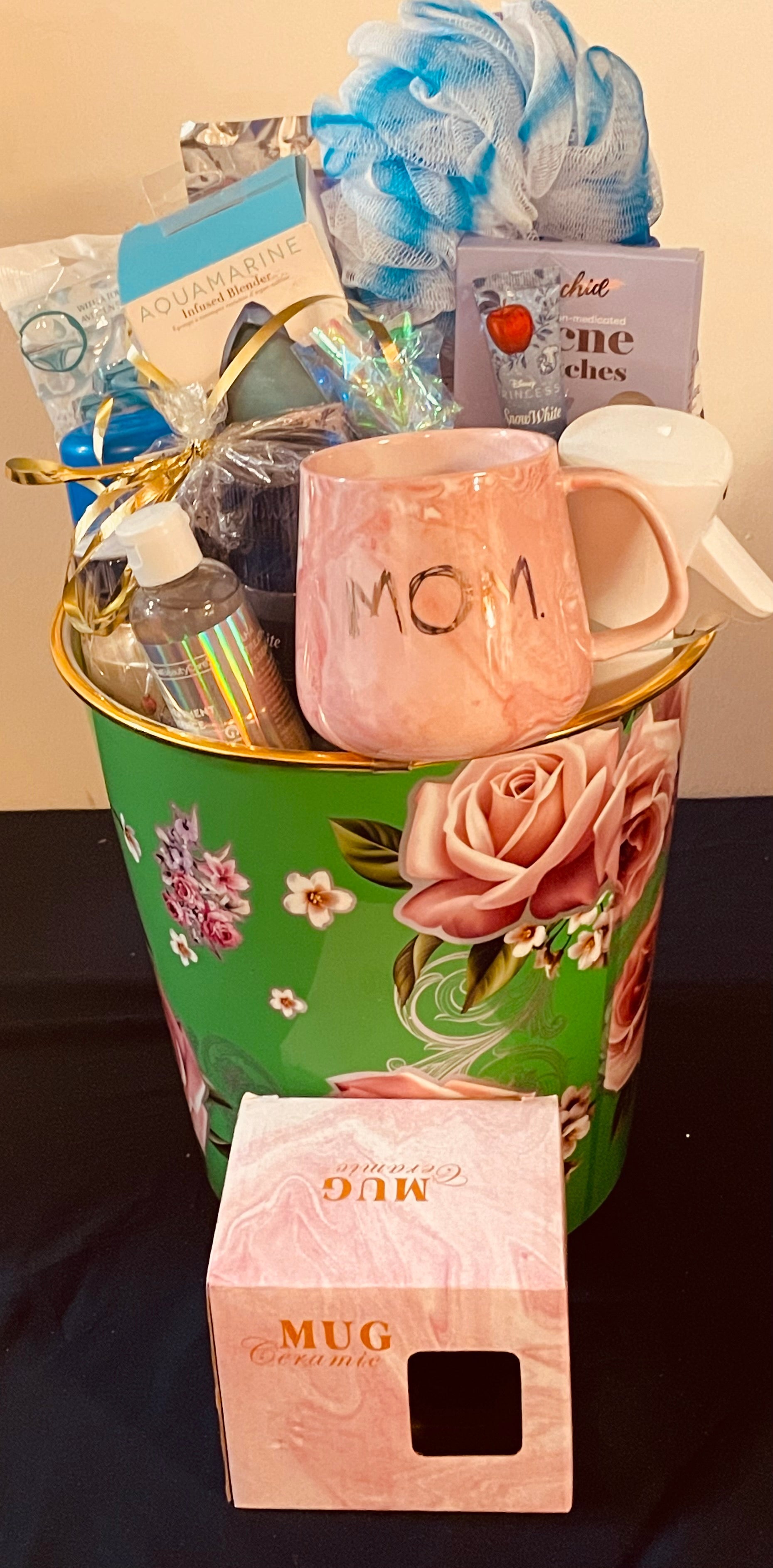 Mother's Day gift basket with premium treats and self-care items