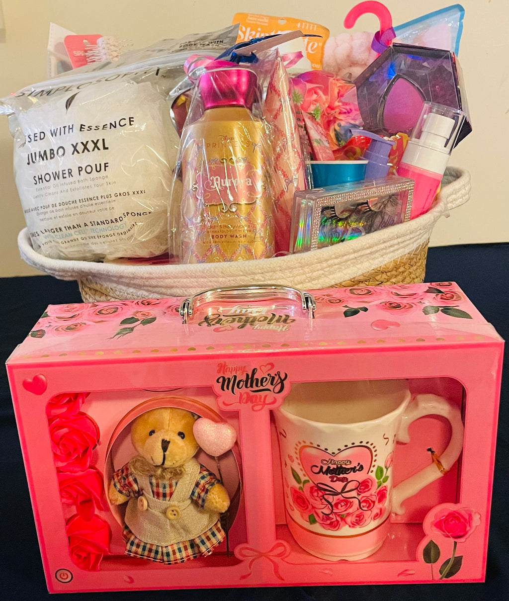 Mother's Day gift basket with premium treats and self-care items