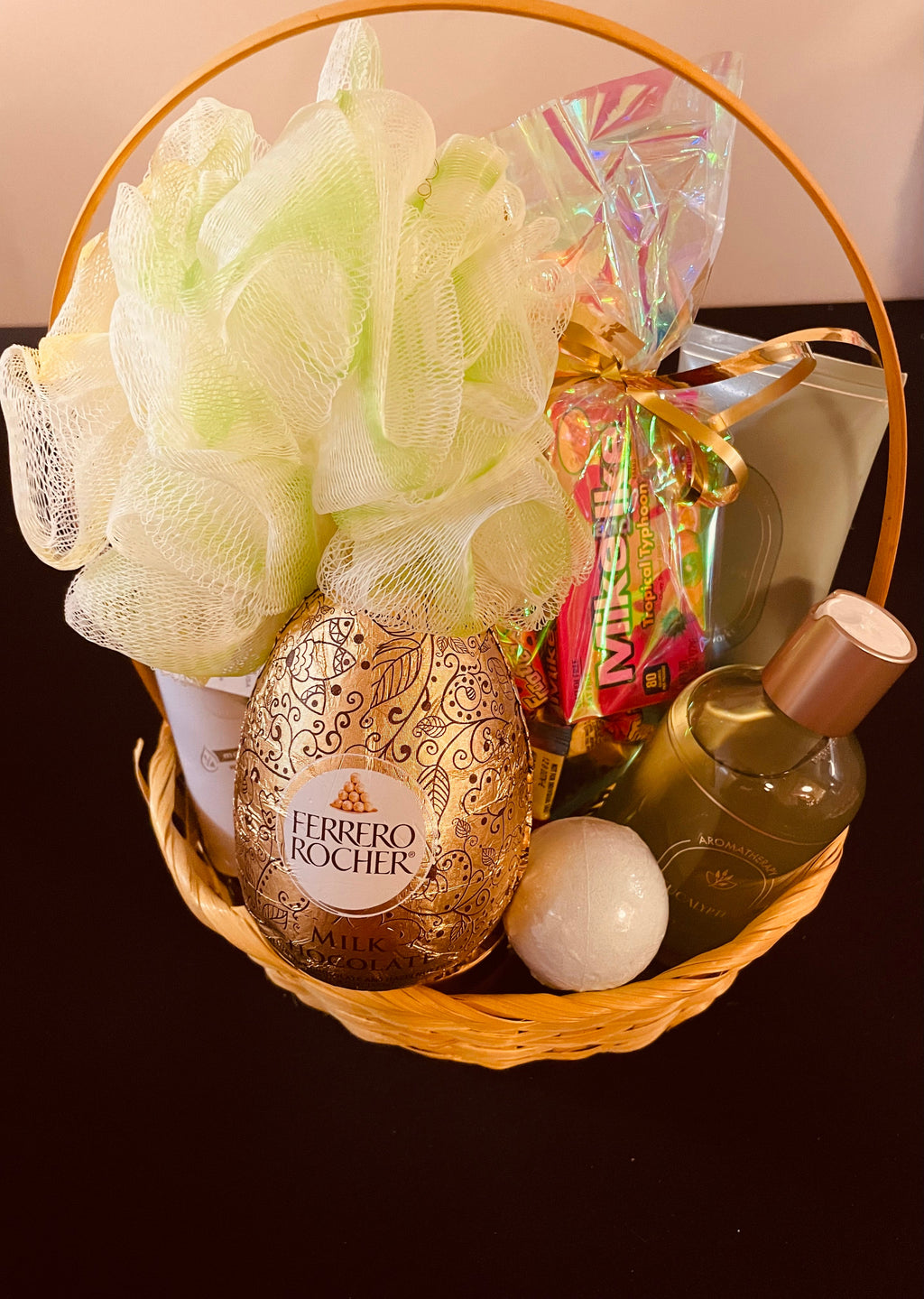 Customized miniature gift basket with assorted treats and goodies. 