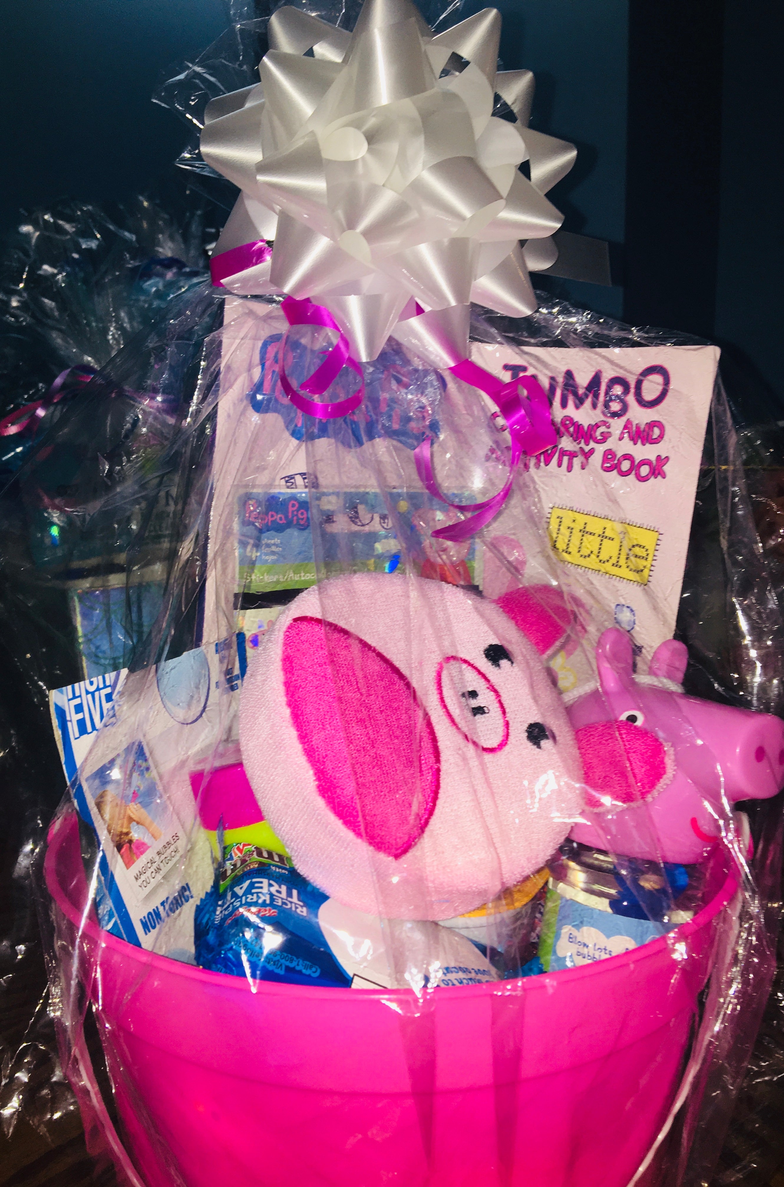 Customized girls gift basket with toys, treats and fun items for kids.