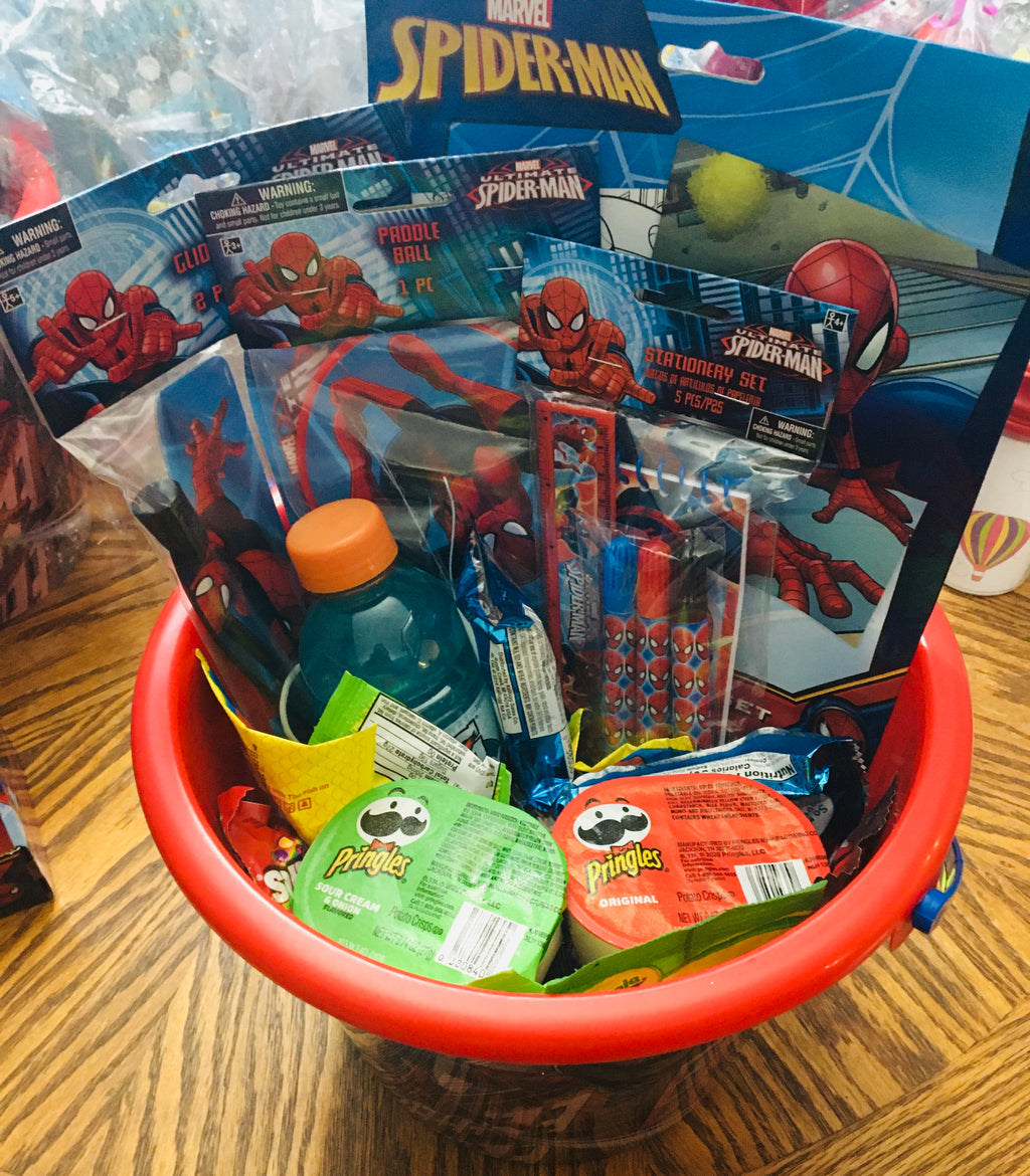 Customized boys gift basket with toys, treats and fun items for kids.