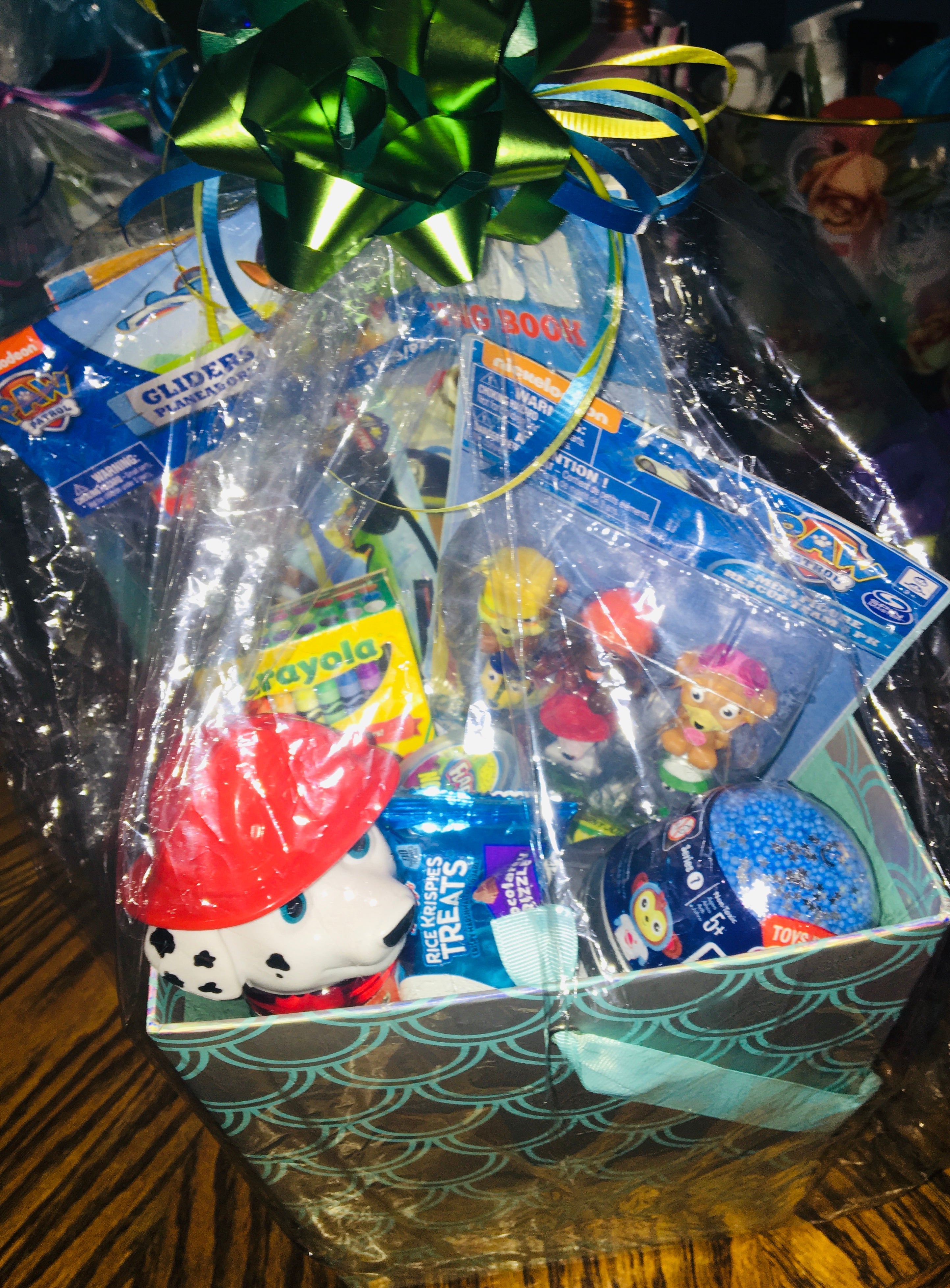 Customized boys gift basket with toys, treats and fun items for kids.