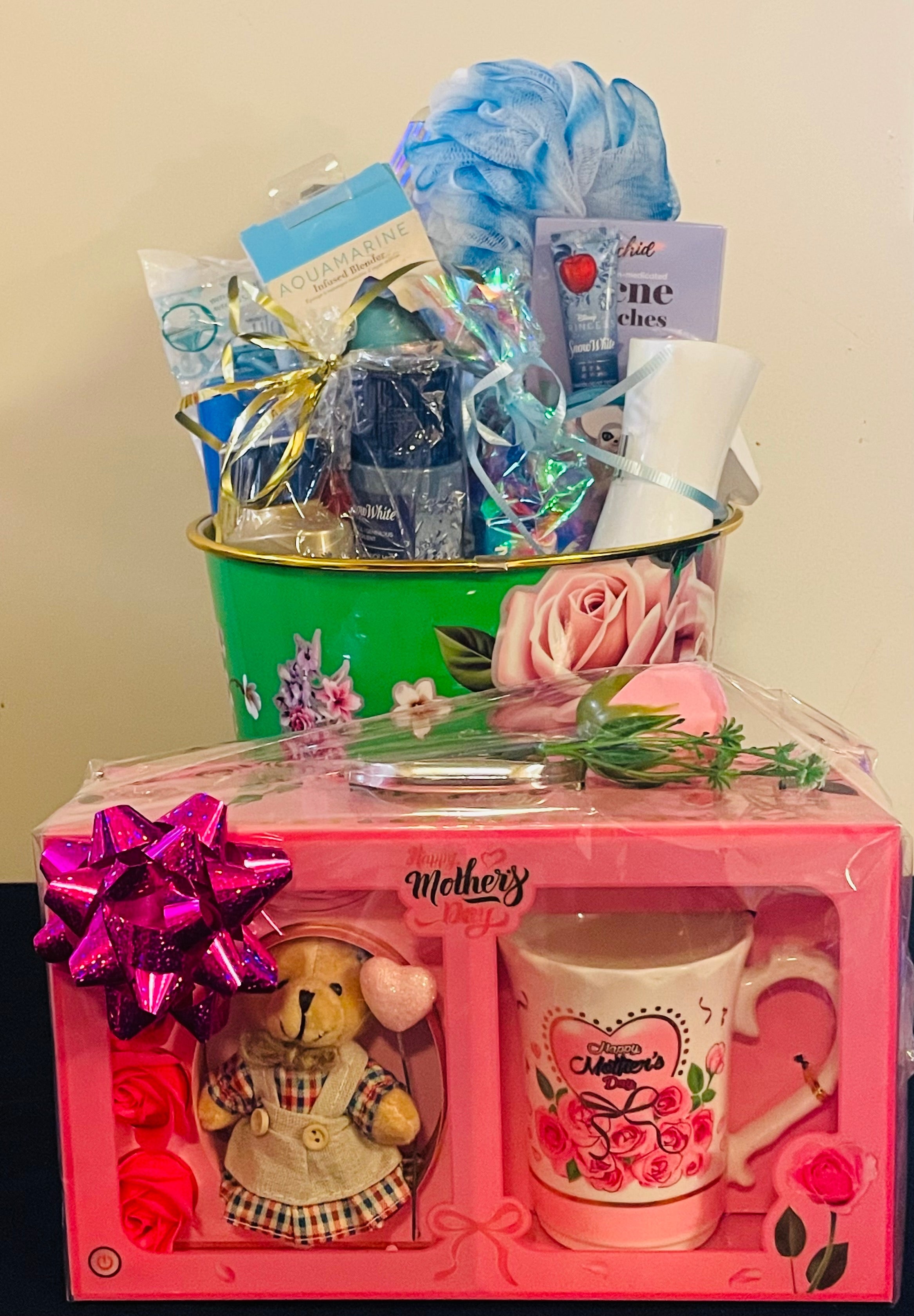 Mother's Day gift basket with premium treats and self-care items