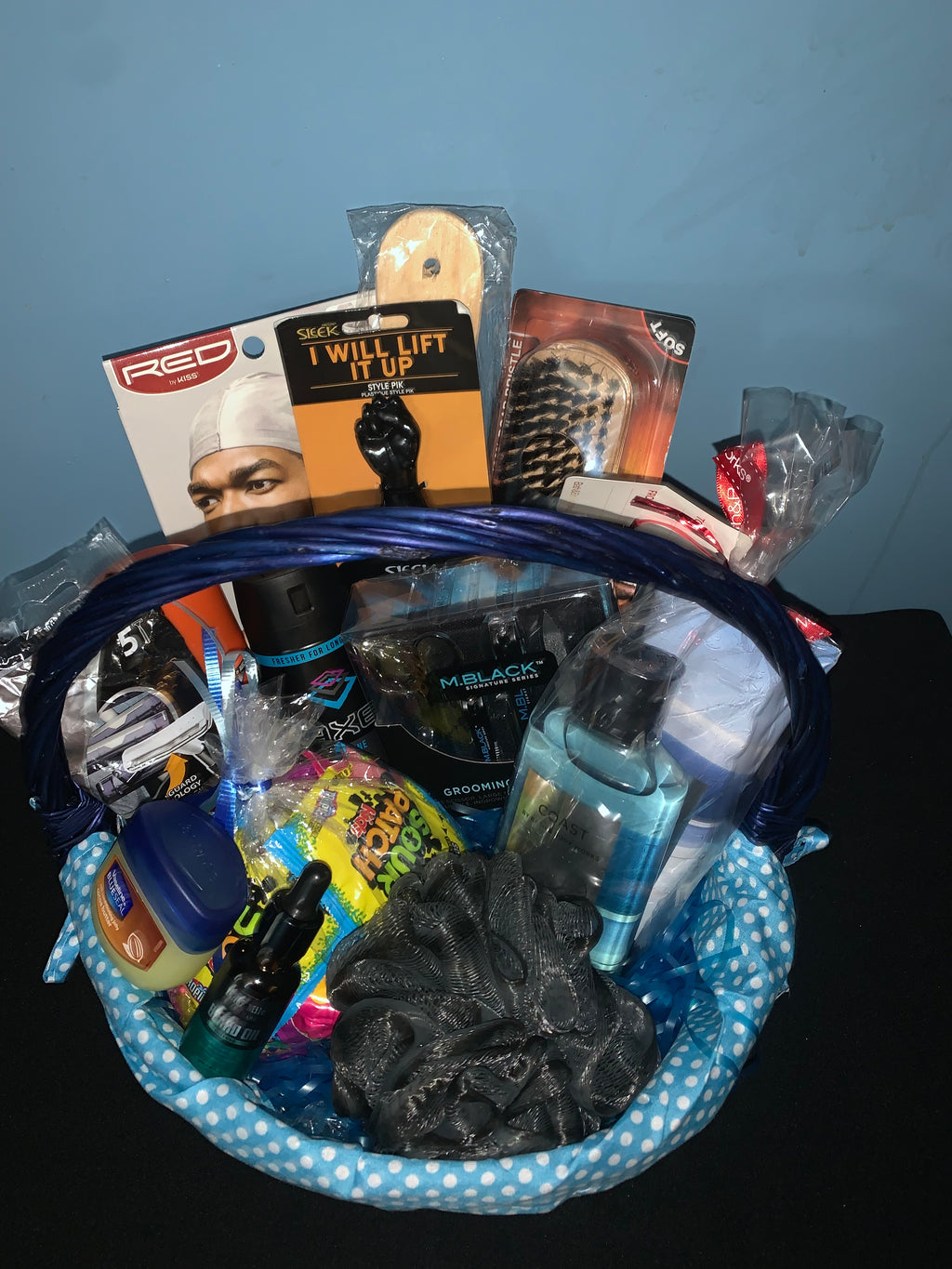 Customized men's self care gift basket with grooming and wellness products