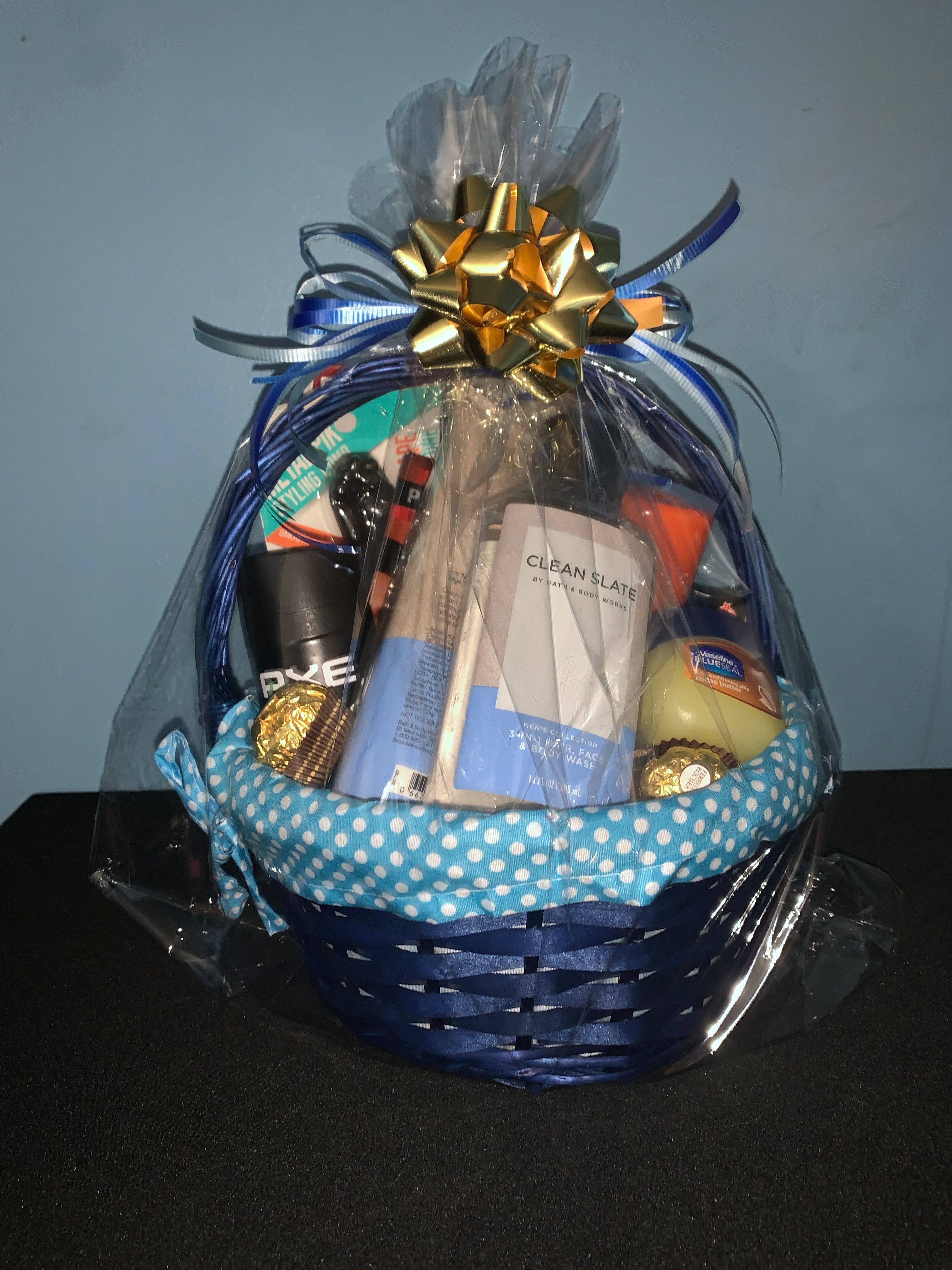 Customized men's self care gift basket with grooming and wellness products