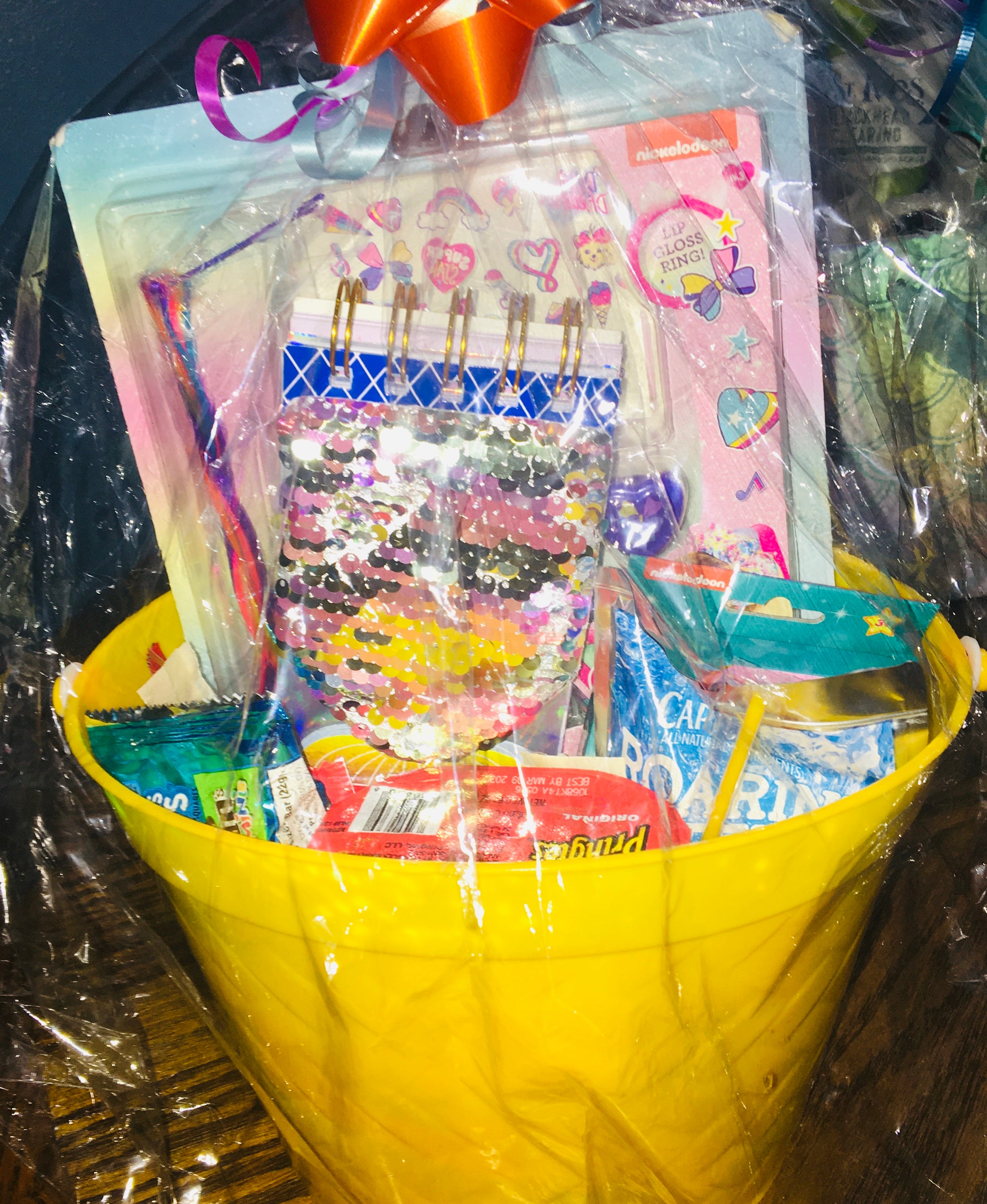 Customized girls gift basket with toys, treats and fun items for kids.