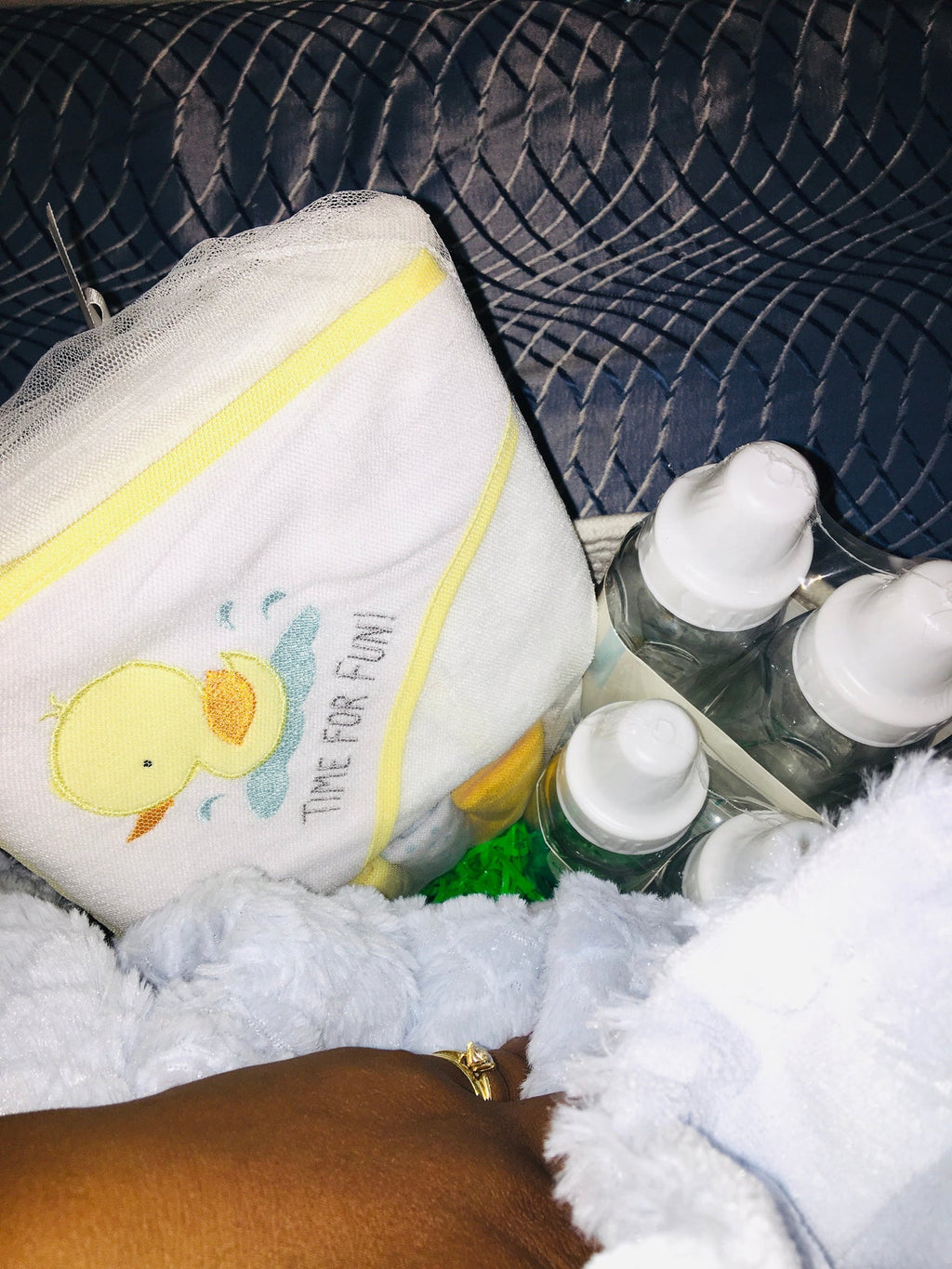 Customized- to-order Baby shower gift basket for boys with toys and essentials.