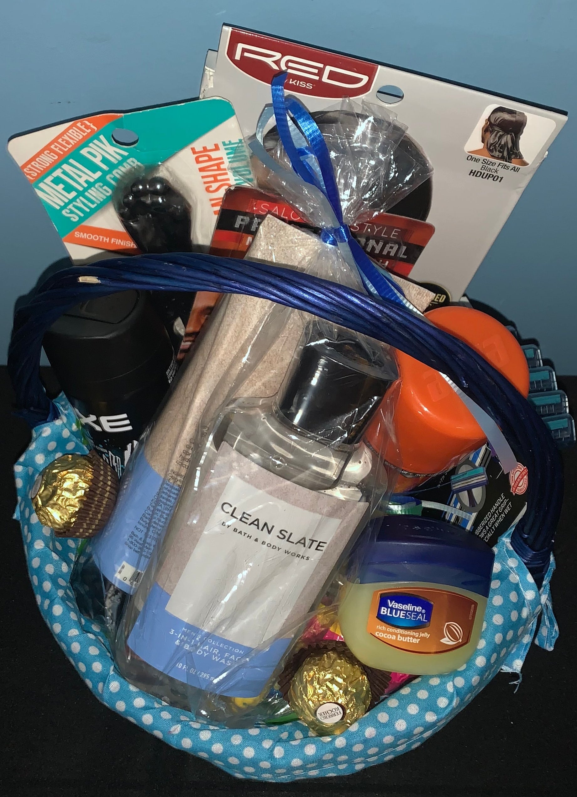 Customized men's self care gift basket with grooming and wellness products