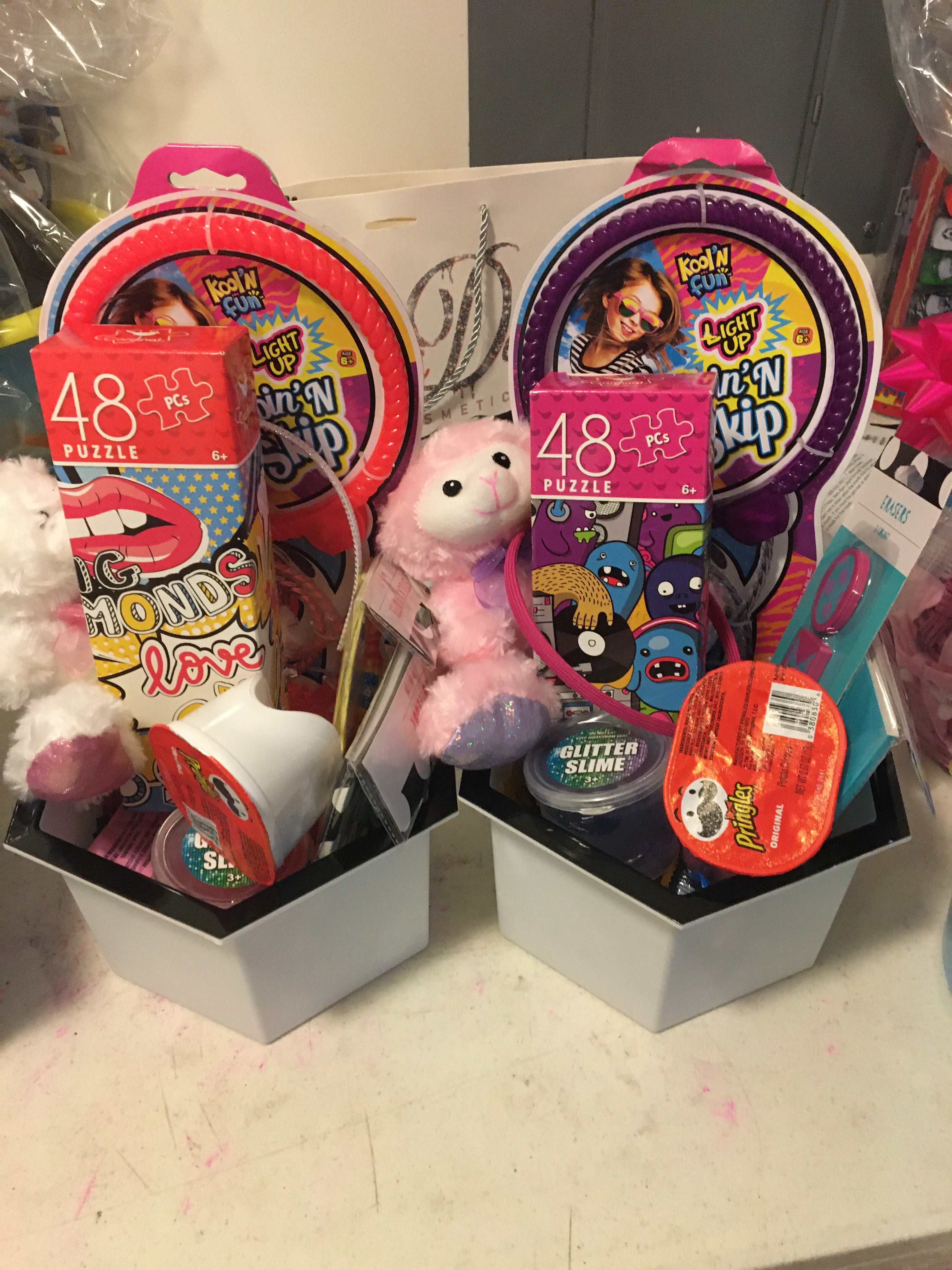 Customized girls gift basket with toys, treats and fun items for kids.