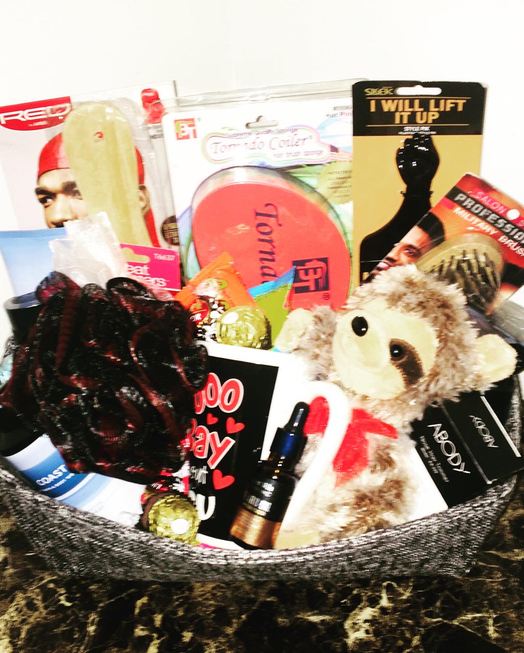 Customized men's self care gift basket with grooming and wellness products