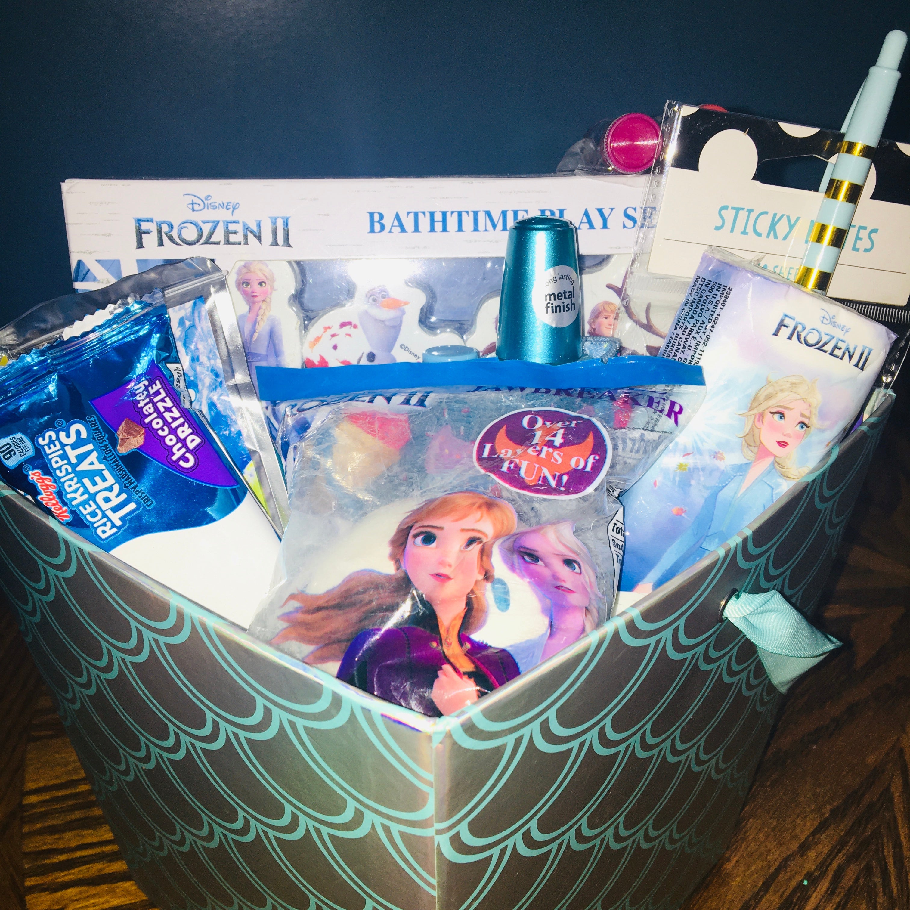 Customized girls gift basket with toys, treats and fun items for kids.