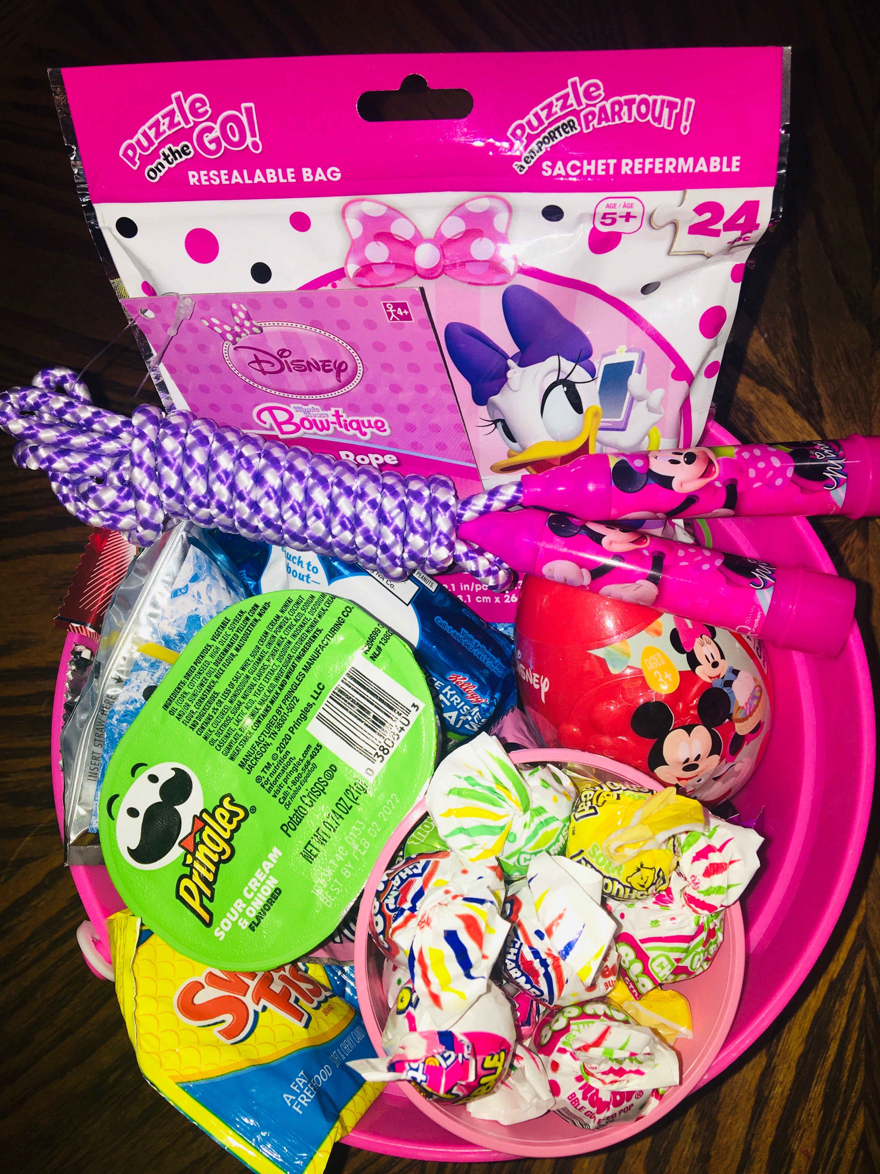 Customized girls gift basket with toys, treats and fun items for kids.