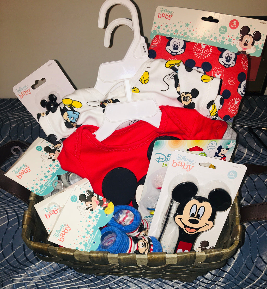 Customized- to-order Baby shower gift basket for boys with toys and essentials.
