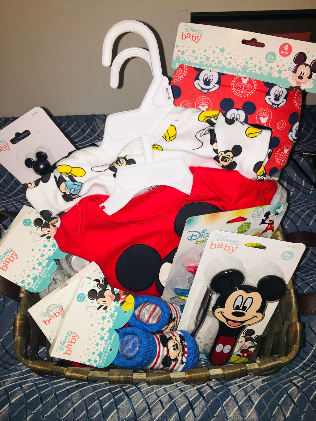 Customized- to-order Baby shower gift basket for boys with toys and essentials.