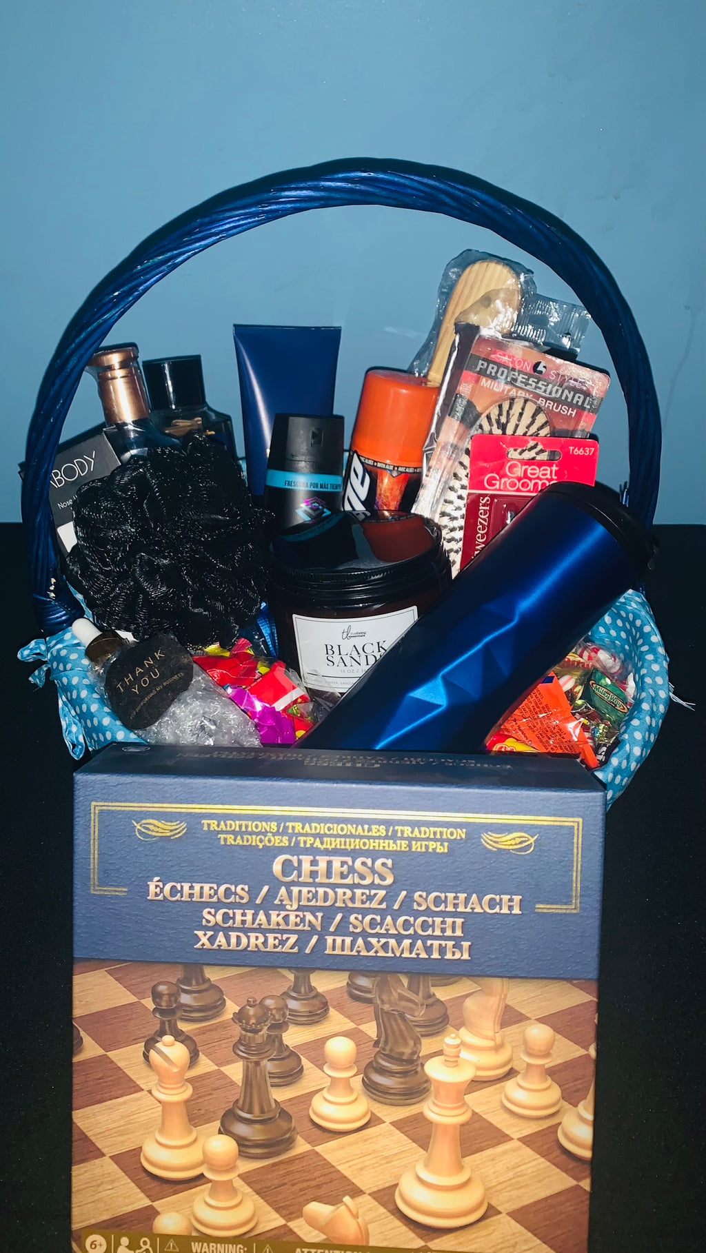 Customized men's self care gift basket with grooming and wellness products