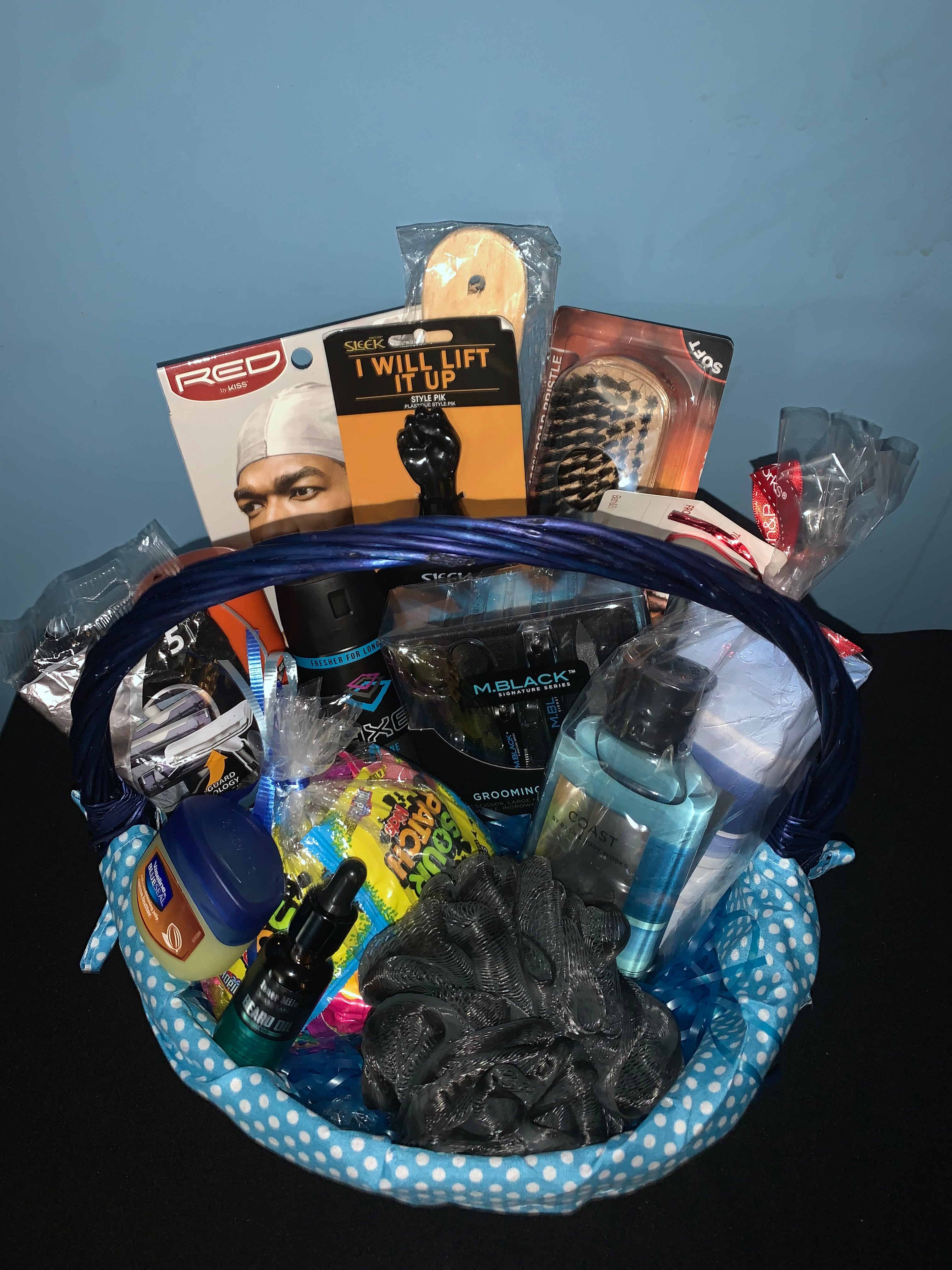 Customized men's self care gift basket with grooming and wellness products