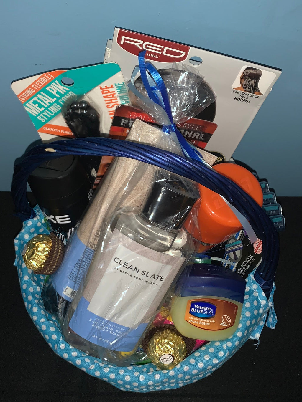 Customized men's self care gift basket with grooming and wellness products