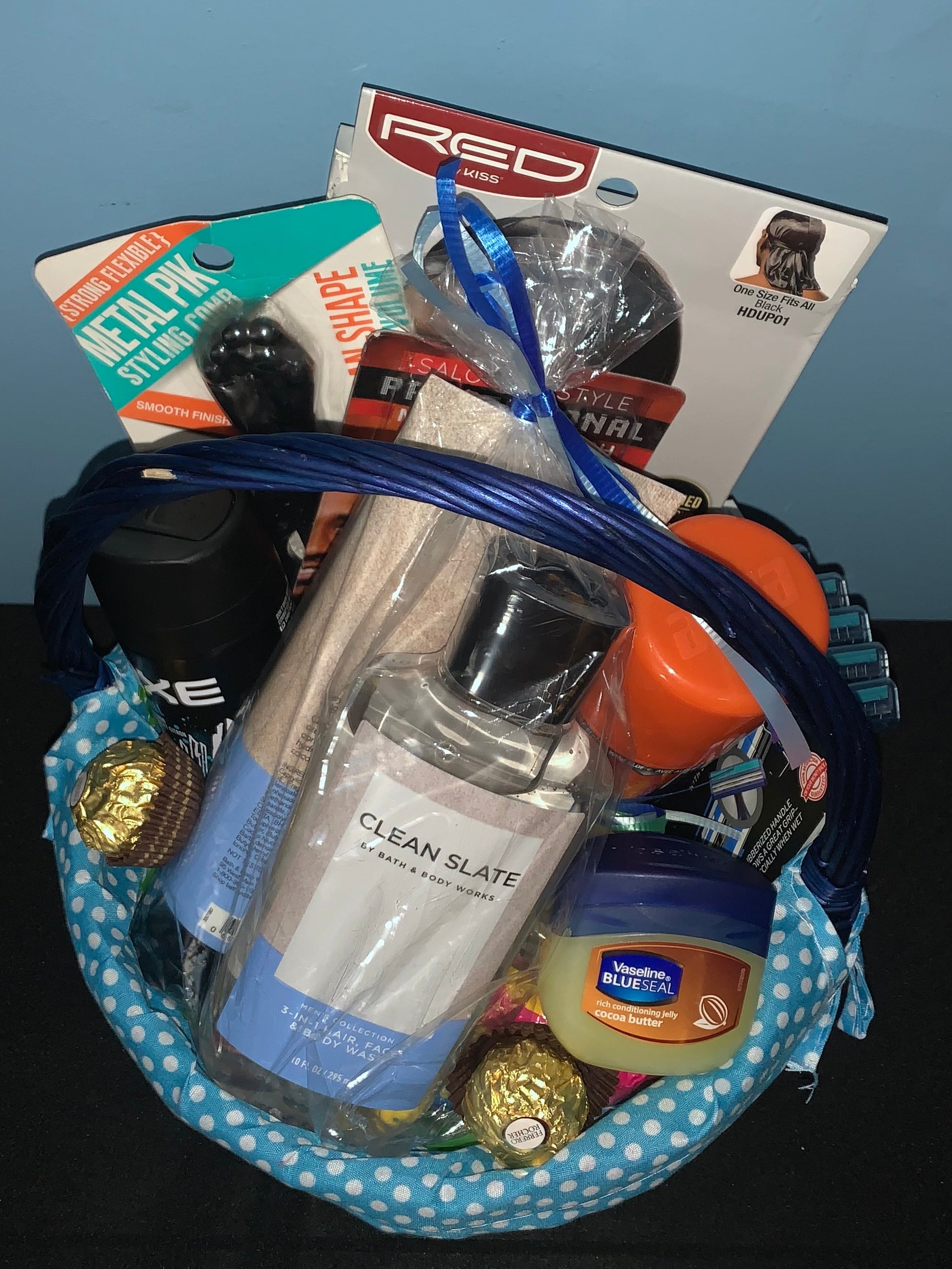 Customized men's self care gift basket with grooming and wellness products