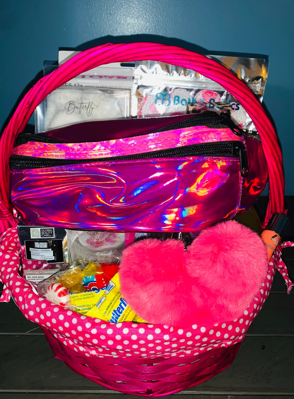 Customized girls gift basket with toys, treats and fun items for kids.