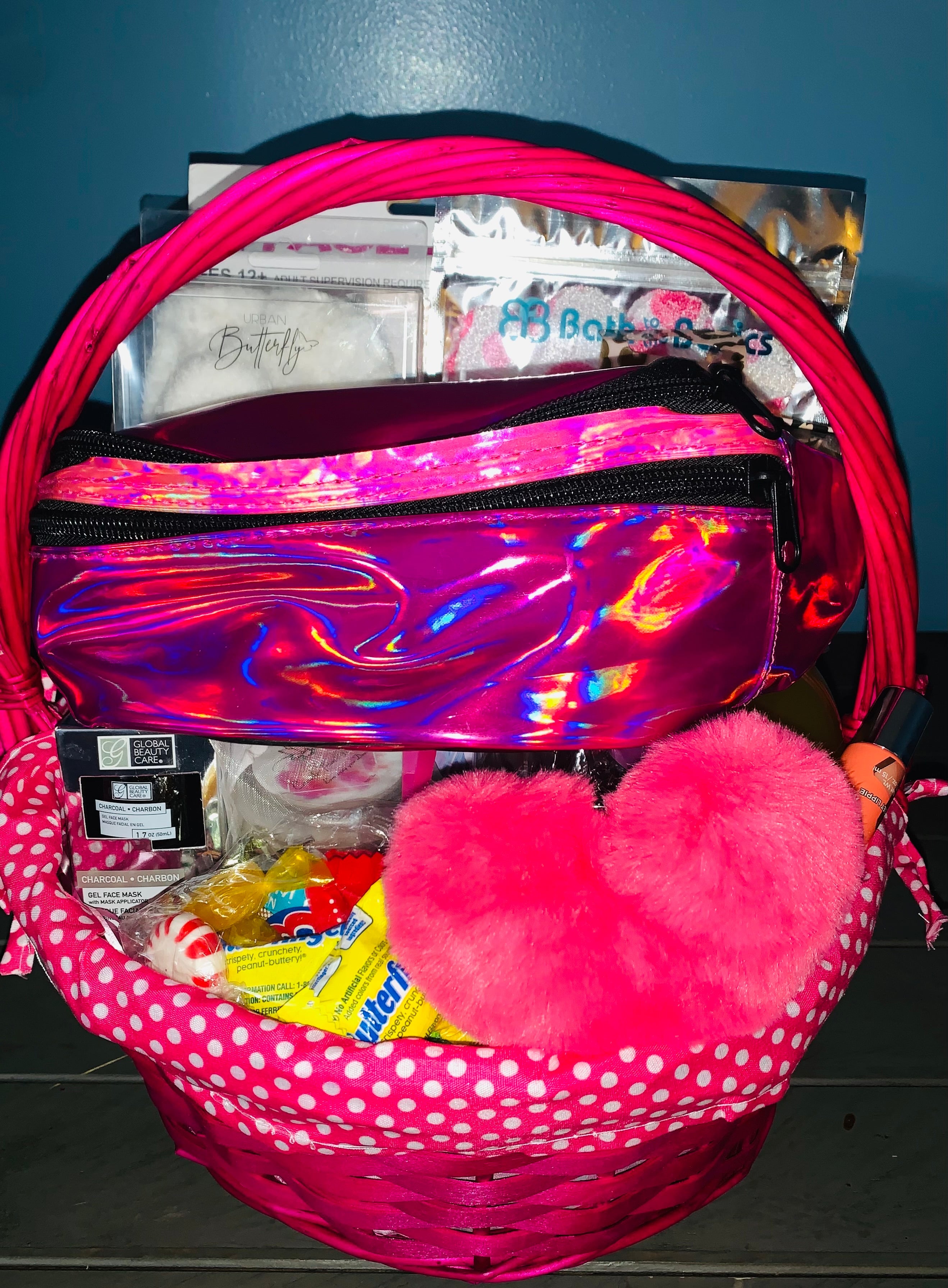 Customized girls gift basket with toys, treats and fun items for kids.