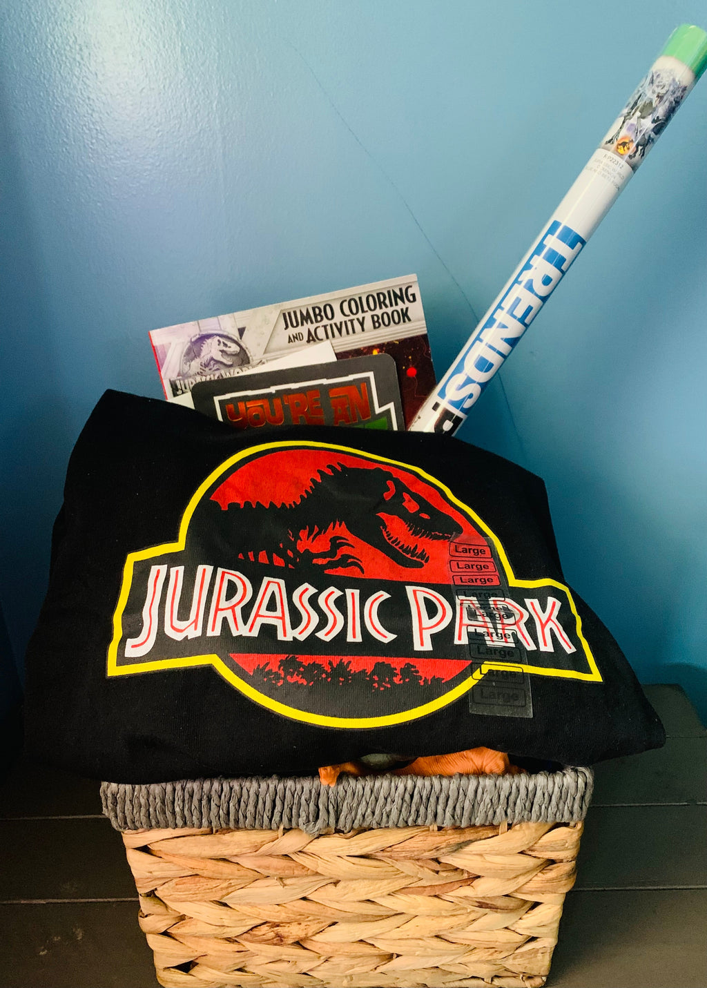 Jurassic Park dinosaur themed medium gift basket for kids.