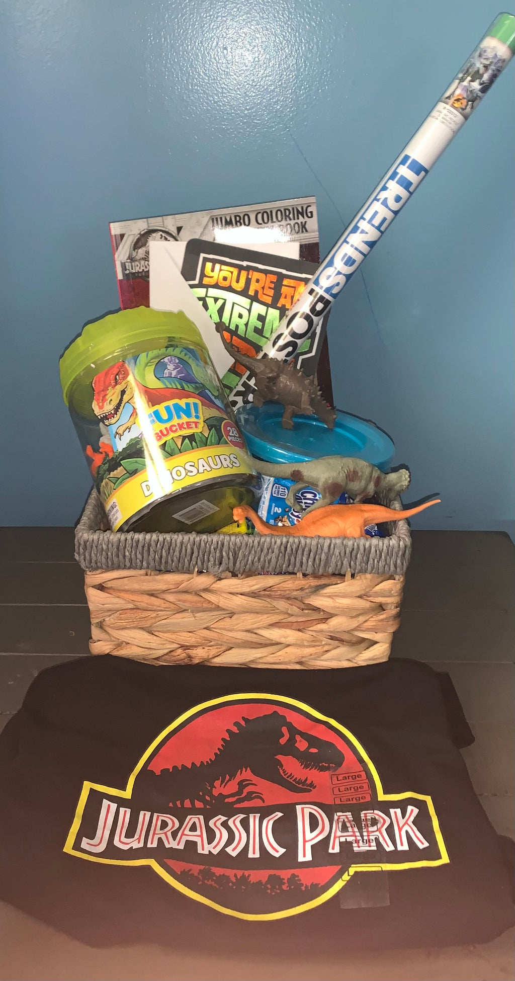 Jurassic Park dinosaur themed medium gift basket for kids.