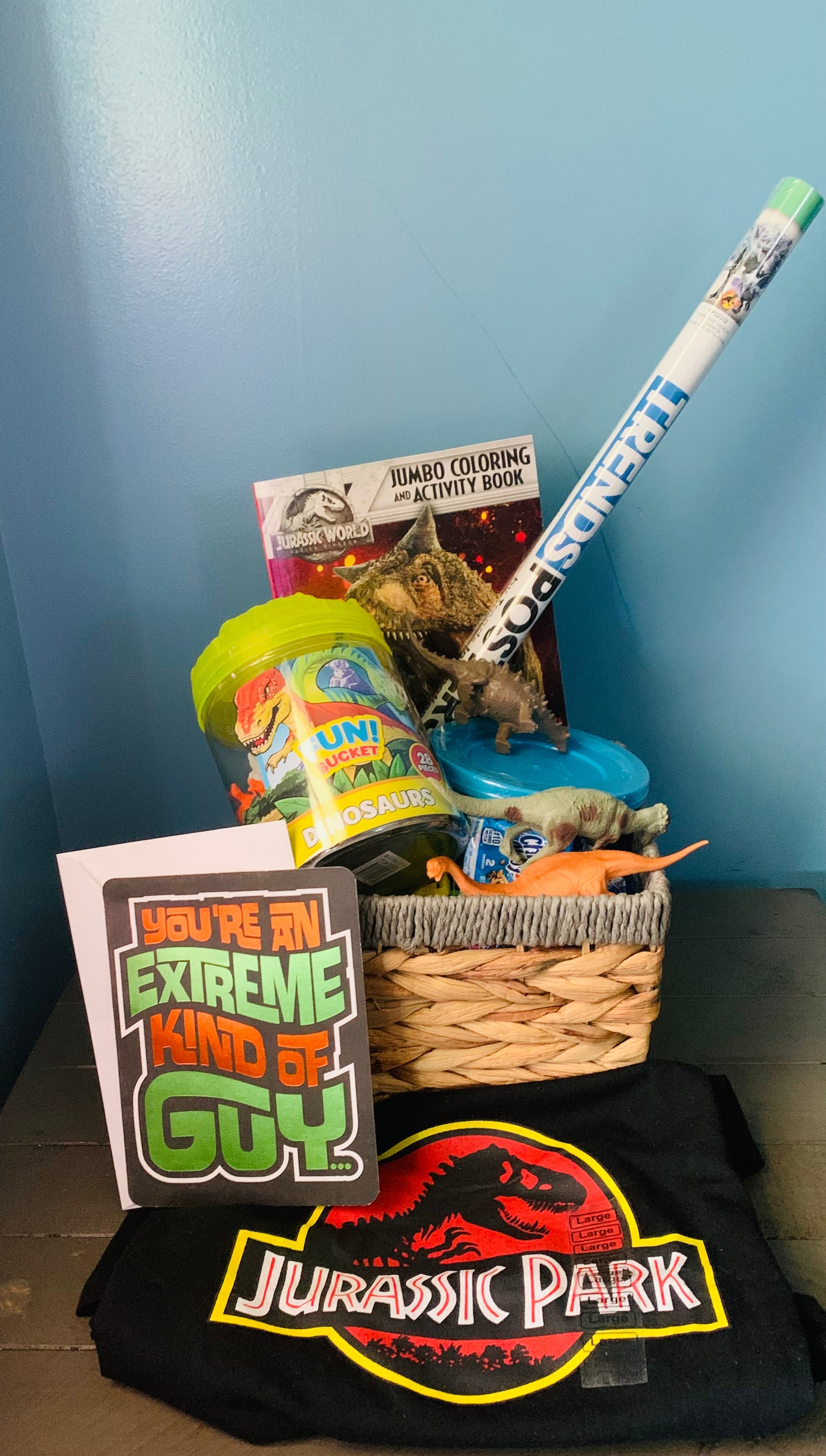Jurassic Park dinosaur themed medium gift basket for kids.