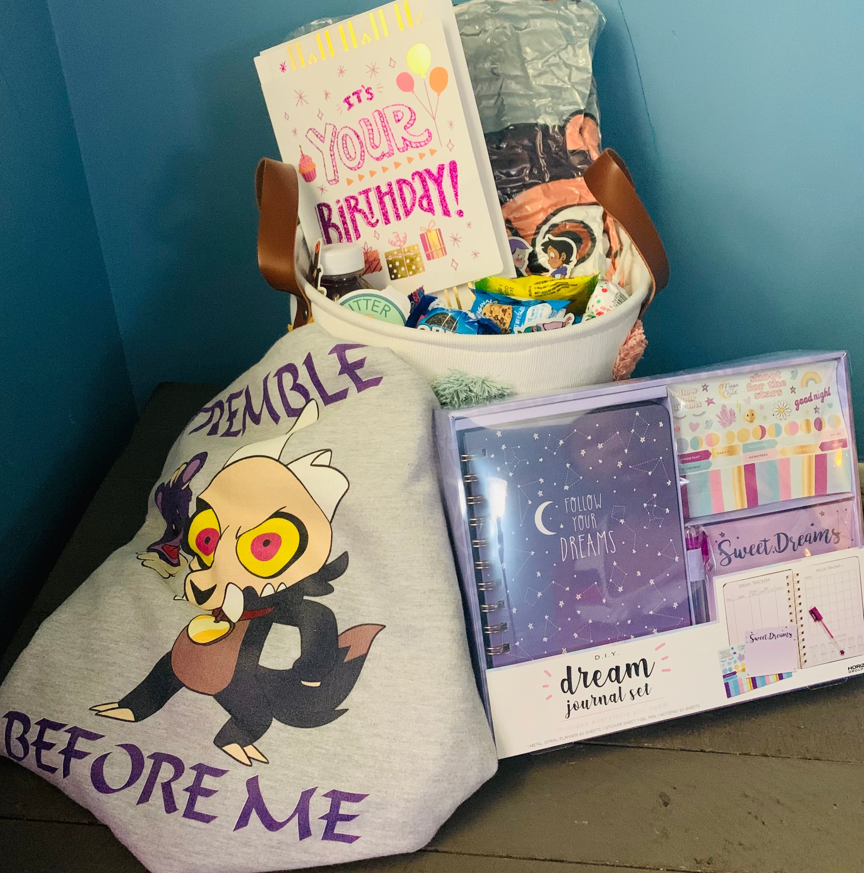 Customized medium gift basket for teenagers with fun and trendy items.